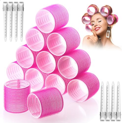 Jumbo Hair Curlers Rollers, 12Pcs 60mm Jumbo Hair Roller Curlers Self Grip Holding Rollers with 12Pcs Hair Clips for Long Straight Thick Hair (Rose Red) by ProfessionalDIYArtSupplier