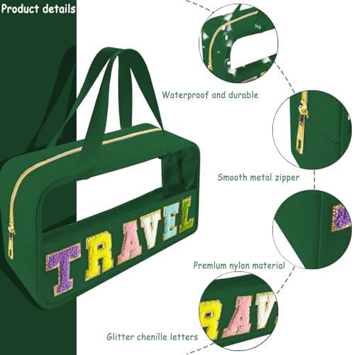 Bunliuys Chenille Letter Clear Makeup Bag Travel Patch, Travel Toiletry Makeup Bag with Handle, Nylon Waterproof Makeup Bags clear cosmetic bag, preppy patch makeup bag for Women (TRAVEL-Dark Green) - Image 3