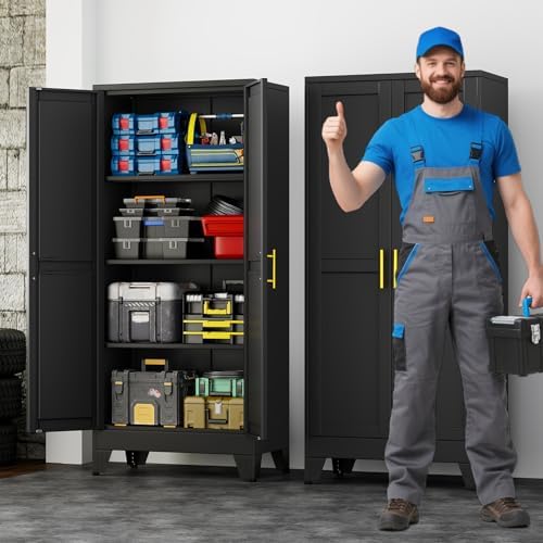 61" Metal Garage Storage Cabinet with 2 Doors and 3 Adjustable Shelves,Metal Storage Cabinets,Steel Tool Cabinets for Home,Office,Garage,Warehouse (Black, 61''H x 27''W x 14''D) - Image 2