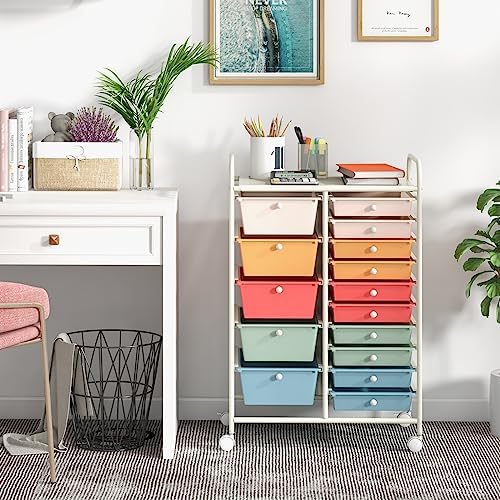 Giantex 15 Drawers Rolling Cart, Classroom Organizers, Storage Cart with Wheels, for Teacher Office Home School Supplies Tool Craft Art Paper - Image 2