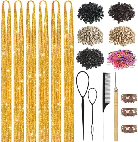 Gold Hair Tinsel Kit for Girls Women Fairy Glitter Tinsel Hair Extensions by LEDIZE