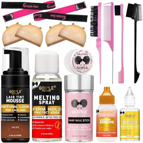 Lace Glue Kit Complete Set with Lace Tint Mousse, Lace Melting Spray Wig Glue for Women's Wigs and Hairpieces - Wig Installation Kit & Tape in Extension Rmover & Cap (Dark Brown) by Goiple