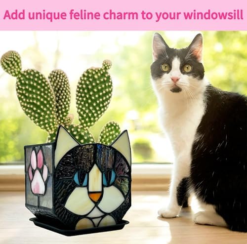 Stained Glass Black Cat Flower Pot,Succulent Pots with Drainage,Unique Black Cat Planter,Flower Pots for Indoor Plants,Glass Container Display Decoration,Cute Plant Gifts - Image 3