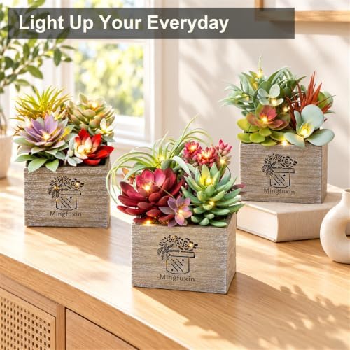 Succulents Plants Artificial with Light for Home Office Decor 3 Pack - Image 4