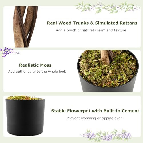 Goplus 6FT Ficus Artificial Tree, 2 Pack Faux Wisteria Tree in Nursery Pot with Purple Lifelike Flowers, Fake Potted Tree Greenery Floor Plant for Indoor Home Office Porch Living Room Decor - Image 5