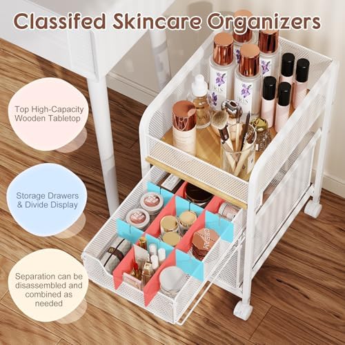 Hongtamoya Rolling Makeup Cart Organizer with 2 Drawers, Under Desk Storage - Image 4