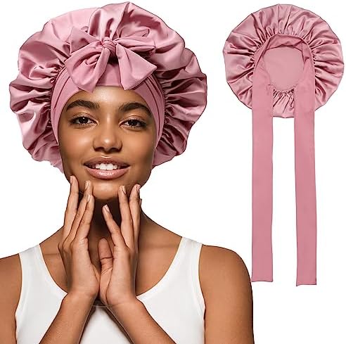 AWAYTR Wide Band Satin Bonnet, Tie-Band Sleep Cap for Curly Hair Women - Image 3