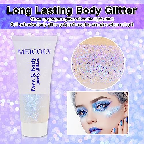 MEICOLY Sparkling Blue Body Glitter,Halloween Face Glitter,Color Changing Hair Glitter Gel for Body,Face,Hair,Lip,Eye,Long Lasting Sequins Glitter Face Paint,Festival Party Glitter Makeup,50ml - Image 2