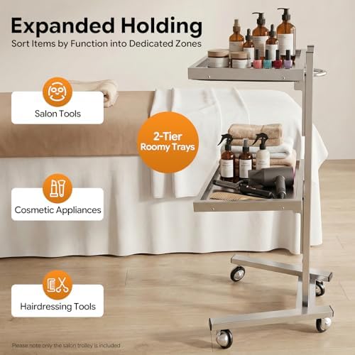 2 Tier Metal Rolling Cart, Stainless Steel Salon Tray with Wheels, Foldable Utility Carts, Folding Salon Tray Trolley for Tattoo (Silver) - Image 2