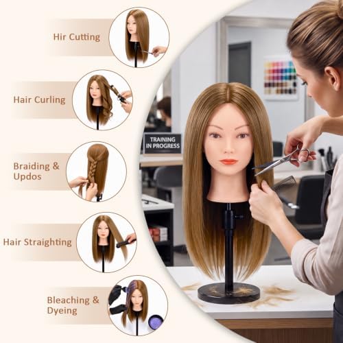 Mannequin Head with 100% Human Hair, MYSWEETY Doll Head for Hair Styling, Manikin Head Cosmetology Makeup Hairdressing Training Head with Clamp Holder and Tools(18" Brown, Makeup) - Image 2