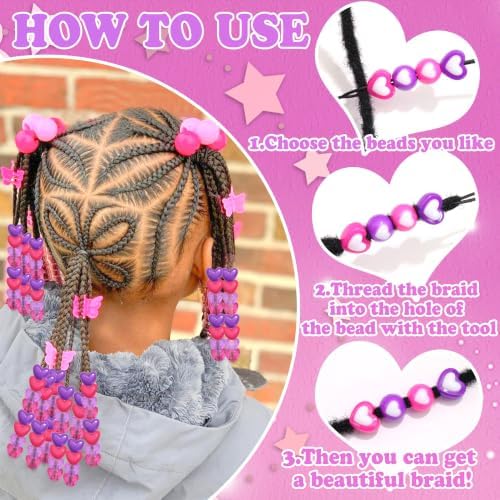 NAISKA 108PCS Purple Hair Beads for Braids Hot Pink Heart Loc Beads 13 Styles Hair Bead Set 2 Colors Dreadlock Jewelry Lovely Hair Accessories for Kids Girls - Image 5