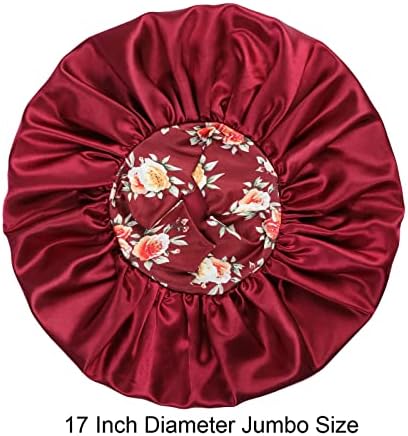 Silk Satin Bonnet Hair Cap: 2pcs 17inch Diameter Extra Large Jumbo Sleeping Satin Bonnets with Comfortable Flower Band - High Density Bonnets for Women Braids Curly Night Cap (Black & Red) - Image 6