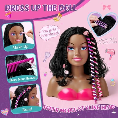 Cleboen Hair Styling Doll Head for Girls, Pretend Play Beauty Salon Makeup Kit with Hair Dryer, Straightener & Real Nail Polish, 35PCS Hair Accessories Playset, Birthday Gifts for Girls Age 4-6 6-8 - Image 5