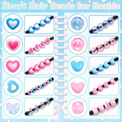 NAISKA 108PCS Pink Blue Hair Beads Heart Beads for Hair 12 Styles Dreadlock Bead Clear Bead Loc Jewelry Cute Hair Accessories for Kids Girls - Image 6