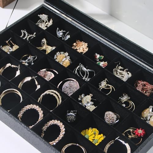 Coward Ring Earring Jewelry Organizer Box, 35 Grids Dustproof Display Holder Case, Black Velvet Jewelry Bead Display Tray Case with Transparent Glass Lid for Momen Girls - Image 2