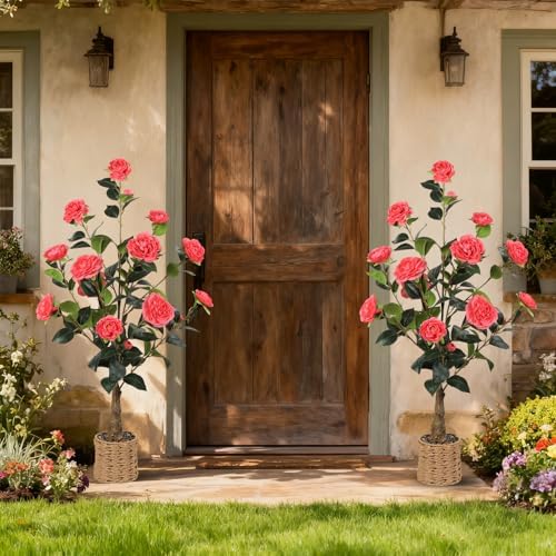 2Pack Artificial Camellia Tree, 3Ft Pink Faux Camellia Plant in Pot - Image 2