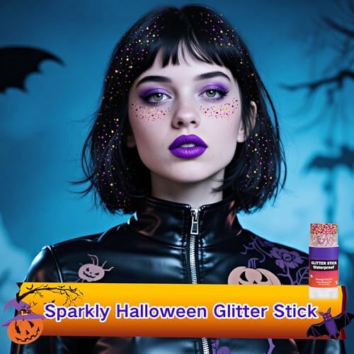 Halloween Purple Orange Hair Glitter Stick,Orange and Purple Body Face Glitter Hair Accessories,Waterproof Cosplay Chunky Glitter Makeup Sequins Body Paint - Image 2
