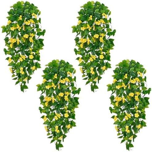 BLEUM CADE Artificial Hanging Flowers for Outdoors, 4pcs Fake Hanging Plants Pothos Vines with Yellow Flowers for Wall Home Living Room Indoor Outdoor Decor (No Baskets) by BLEUMCADE