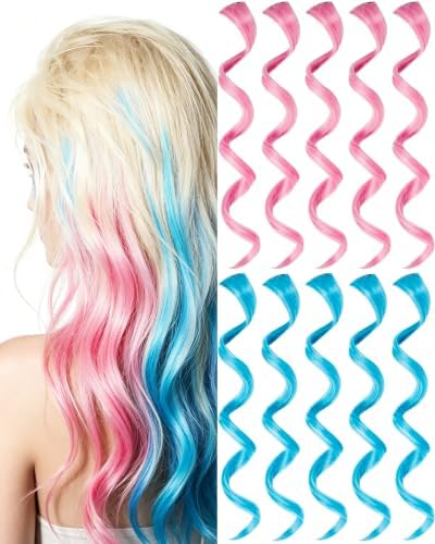 10 PCS Pink and Blue Hair Extensions, Colorful Accessories for Women 17 In by Olldag