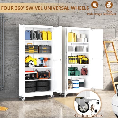 71" Metal Garage Storage Locker Cabinet with Wheels,Rolling White Lockable Tool Cabinet with 2 Doors and 4 Adjustable Shelves, Steel Office File Cabinet for Home Office Warehouse Gym - Image 6