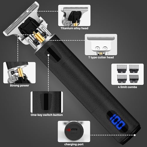 Professional Hair Trimmer for Men, Beard Trimmer Hair Clippers for Men, Cordless Rechargeable Hair Trimmer Metal Body Cutting Grooming Kit,Beard Shaver Barbershop (Black with LCD) - Image 2