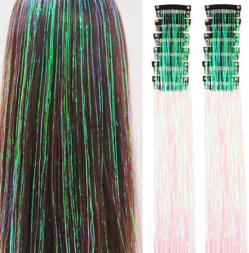 Hair Tinsel Pack of 12 Pcs Clip in Hair Tinsel 20 Inch Colorful Glitter Tinsel Hair Extensions Tinsel Fairy Hair Party Dazzle Hair Accessories Strands Kit for Women Girls(12Pcs,Dazzle White#) by Umylar