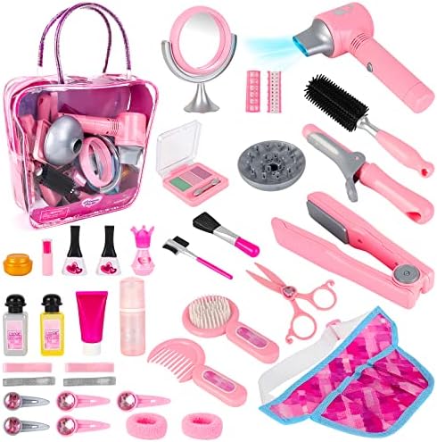 deAO Hair Salon Toys for Girls Beauty Salon Set Kids Pretend Hair Styling Set with Hairdryer, Mirror, Curling Iron and Stylist Accessories for Toddler Makeup Party Christmas (Fake Makeup) by deAO