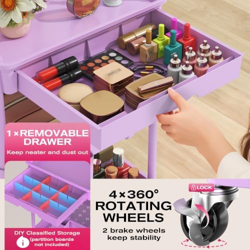 Goovilla Rolling Makeup Organizer Cart with Removable Drawer, 3 Tier Purple - Image 3