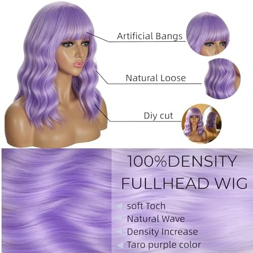 Sebast Pastel Bob Wigs with Bangs for Women Loose Wavy Wig Pastel Wavy Shoulder Length Bob Synthetic Cosplay Wig for Girl Colorful Costume Wigs (Taro Purple) - Image 3