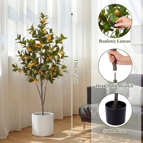 Daifunli 5ft Artificial Flower Tree Indoor Faux Osmanthus Tree Realistic Osmanthus Plants in Pot with Orange Flowers Lifelike Fake Floor Plant for Indoor Outdoor Home Living Room Office Wedding - Image 2