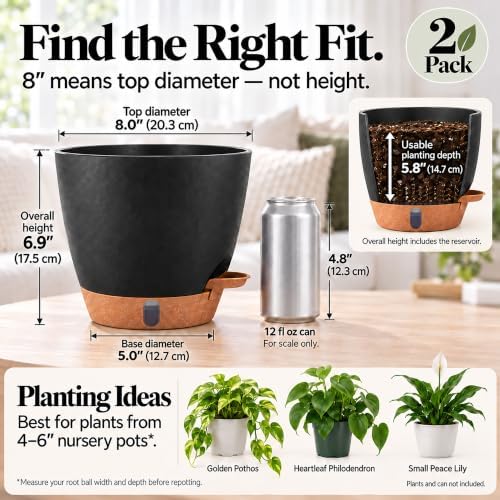 2 Pack 8 Inch Pots for Plants Indoor, Plastic Self Watering Planters - Image 3