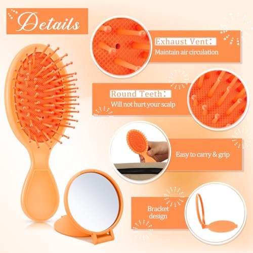 Meanplan 24 Pcs Mini Hair Brush Set 12 Travel Wet Dry Hair Combs Pocket Detangling 12 Compact Folding Makeup Mirrors for Spa Sleepover Birthday Bridal Shower Bachelorette Christmas Party Gift(Orange) - Image 3