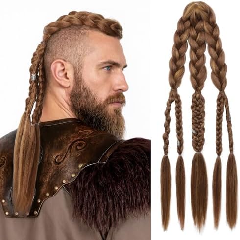 NTYNTY Viking Hair Extensions for Men – 24" Handcrafted Clip In Braided Ponytail Hairpiece for Halloween Viking Costume Renaissance Warrior Accessories - Warm Brown with Highlights by NTYNTY