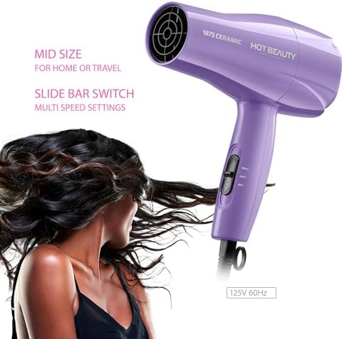 Hot Beauty 1875 Ceramic Hair Dryer, Powerful Fast Drying, Multi-Setting with Comb Attachment, Additional Detangler Included, Slide Bar Switch, Compact for Home & Travel (Purple) - Image 4