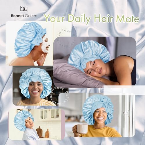 BONNET QUEEN XL Large Silk Like Bonnet for Sleeping for Curly Hair,Satin Bonnet with Adjustable Tie Band, Light Blue - Image 2