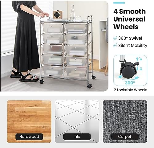 Giantex 10 Drawers Rolling Cart, Classroom Organizers, Storage Cart with Wheels, for Teacher Office Home School Supplies Tool Craft Art Paper, Clear White - Image 7