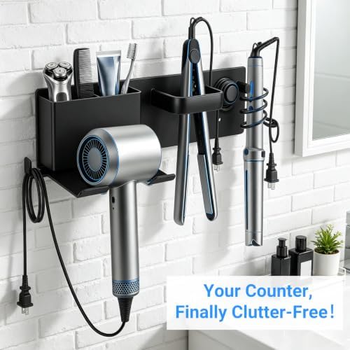 Hair Dryer Holder Wall Mount with 2 Storage Compartments, Aerospace Aluminum Blow Dryer Curling Iron Flat Iron Holder, No Drill Adhesive Bathroom Hair Tool Organizer, Heat Resistant (Black) - Image 2
