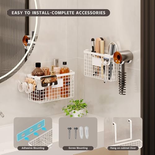 Magheo Hair Dryer Holder Cabinet Door 3-in-1 Adhesive Hair Tool Organizer Wall Mounted Adjustable Height Blow Dryer Holder Under Sink Bathroom Hair Appliance Organizer and Storage Countertop(White) - Image 2