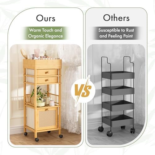 Amazer Bamboo Makeup Organizer Cart with 3 Drawers, Floor Skin Care Storage for Bathroom Bedroom, Rolling Vanity Organizer Cart for Cosmetic, Nail Polish, Perfume and Hair Tools - Image 6