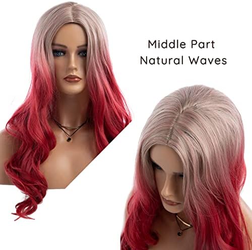 Long Curly Wavy Silver Grey to Red Wig Middle Part Natural Looking Synthetic Cosplay Wig for Women - Image 5
