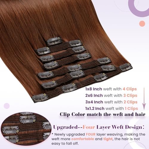 LaaVoo Clip On Extensions Human Hair, Long Full Head Auburn, 22 Inch - Image 3