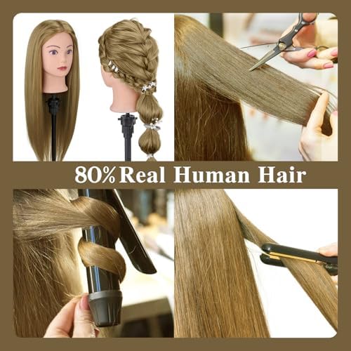 28" Mannequin Head Human Hair, 80% Real Hair Mannequin Head, Cosmetology Manikin Doll Head for Hair Styling Set #27, Training Practice Braiding Head with Table Clamp Suitable for Hair Extensions - Image 3