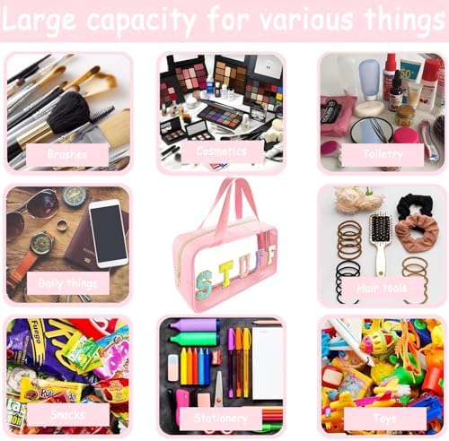 Bunliuys Chenille Letter Clear Makeup Bag Stuff Patch, Travel Toiletry Makeup Bag with Handle, Nylon Waterproof Makeup Bags clear cosmetic bag, preppy patch makeup bag for Women (STUFF-Pink) - Image 5