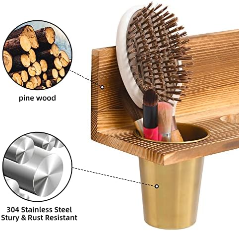 UPTRUST Wall Mount Hair Tool Organizer, Set of 2 Layer Rustic Wooden Dryer Holder Rack, Product Organizer Tray for Dryer with 4 Hooks - Image 5