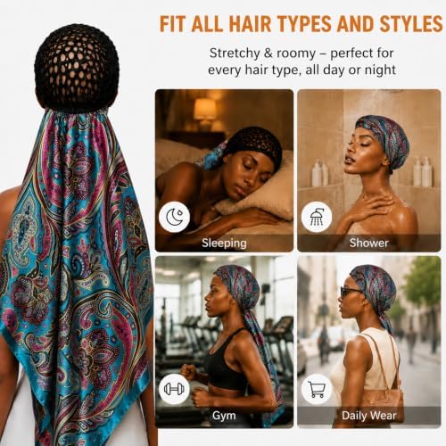 2 in 1 Wrap Cap Hair Net and Scarf for Silk Press, Satin Wrap Cap Bonnet for Women, Adjustable Stay-On Sleep Hair Net Scarf for All Hair Types (Sky blue, One Size) - Image 5