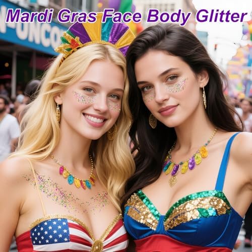 Mardi Gras Hair Face Glitter Stick,Mardi Gras Outfit for Women,Purple Green Gold Body Glitter Makeup,Festival Costume Carnival Accessories Singer Concerts Halloween Chunky Glitter Makeup - Image 6
