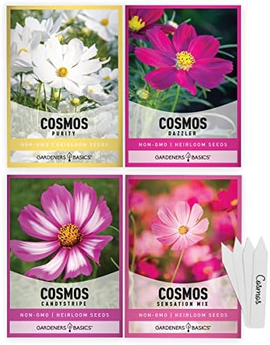 Gardeners Basics, Cosmos Seeds for Planting Outdoors Flower Seeds (4 Variety Pack) Cosmos Candystripe, Sensation Mix, Dazzler, Purity Pink and White Varieties for Bees, Pollinators Wildflower Seed by GardenersBasics