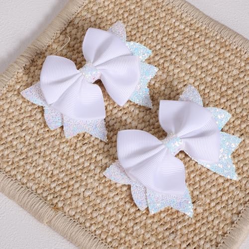 3.5-Inch Boutique Hair Bows Glitter White Ribbon Bow-Knot Alligator Clips Hairpins for Teen Toddler Flower Girls Kids Women Wedding Christmas Dress Decor Accessory Birthday Gift - Image 2