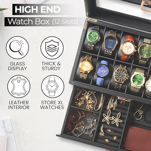 Watch Box for Men 12 Slot with Valet Drawer | 2-Tier Carbon Fiber Watch Case with Glass Lid | Luxury Watch and Jewelry Organizer | Watch Display Case - Ideal Gift for Men Women - Image 3