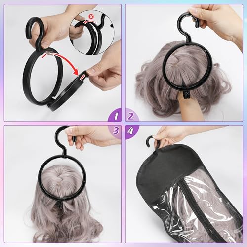 KOLLIEE 6 Pcs Wig Bags Storage with Wig Hanger Dust-proof for Multiple Wigs Hanging Storage Bags Organizer Foldable Easy Carry Suitable for Home Travel Hair Salon Black - Image 4